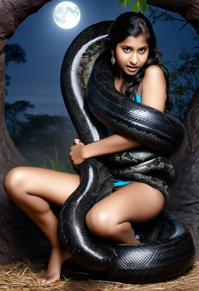 Happy Horny, aroused 1girl), beautiful kneeling Indian girl with giant colossal black anaconda monster squeezing her hard, wrapped in thick spiraling coils, constricted, struggle, gasping for air, snake attack, snake peril, moonless night, dim light