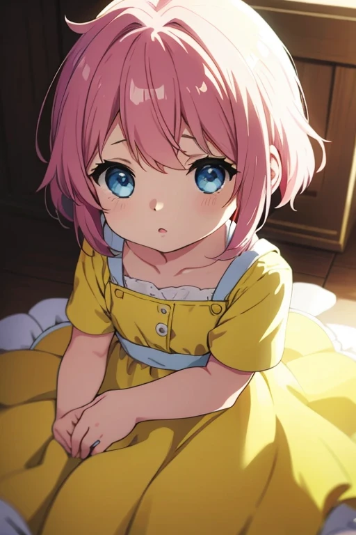  blue eyes and pink hair, yellow dress