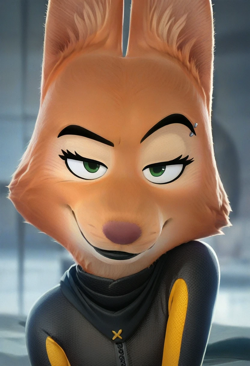 score_9, score_8_up, score_7_up, score_6_up, score_5_up, score_4_up, Diane_Foxington, ginger fur, emerald eyes, black lipstick, black eyebrows, silver piercings on eyebrow, fox tail, bodysuit with yellow trim and black wraps, smiling, looking at the viewer with a serious face