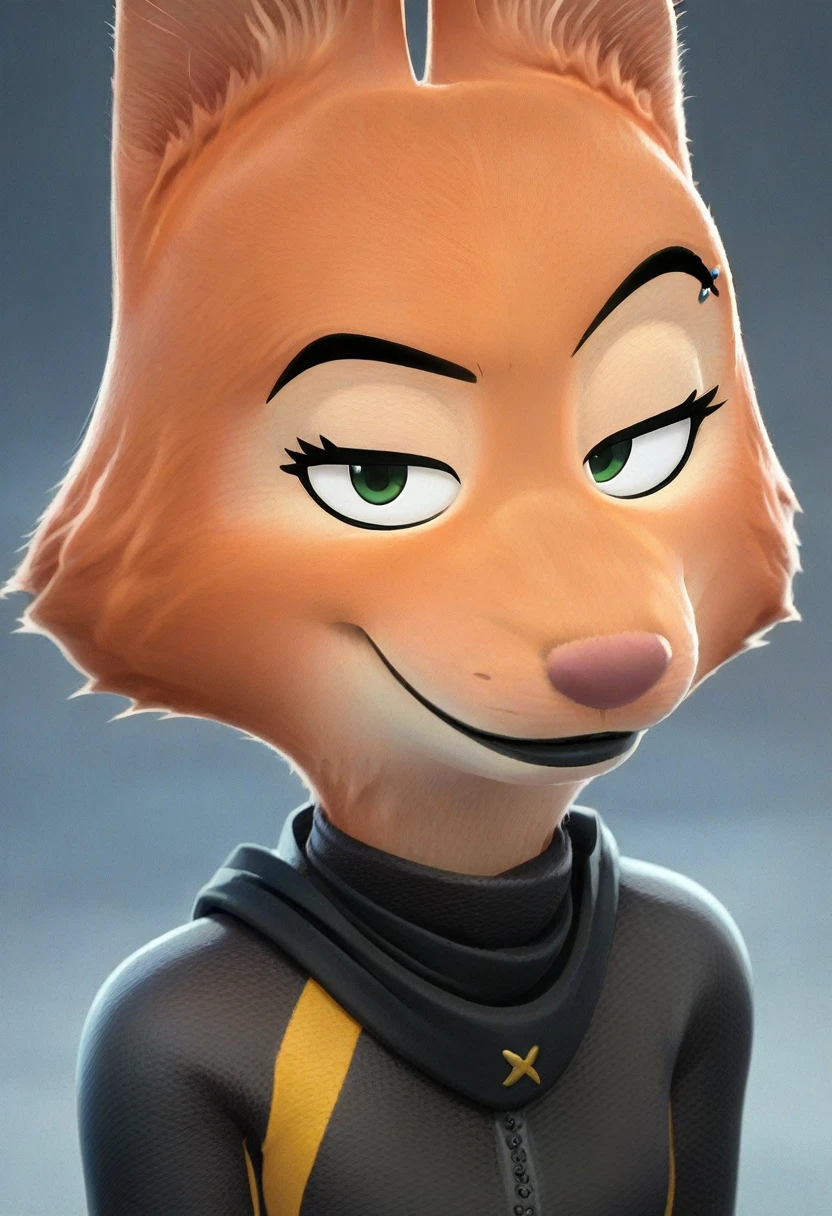 score_9, score_8_up, score_7_up, score_6_up, score_5_up, score_4_up, Diane_Foxington, ginger fur, emerald eyes, black lipstick, black eyebrows, silver piercings on eyebrow, fox tail, bodysuit with yellow trim and black wraps, smiling, looking at the viewer with a serious face