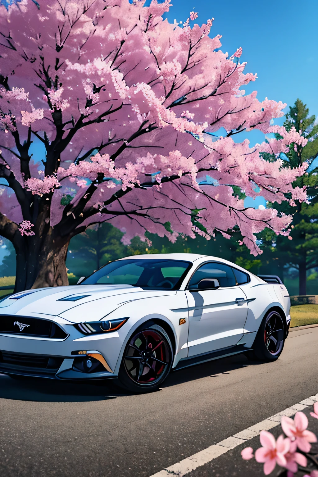 a ford mustang gt 2019 in white with black wheels, red led lights, surrounded by sakura trees, highly detailed, photorealistic, 8k, studio lighting, masterpiece, vibrant colors, natural lighting, depth of field, cinematic composition