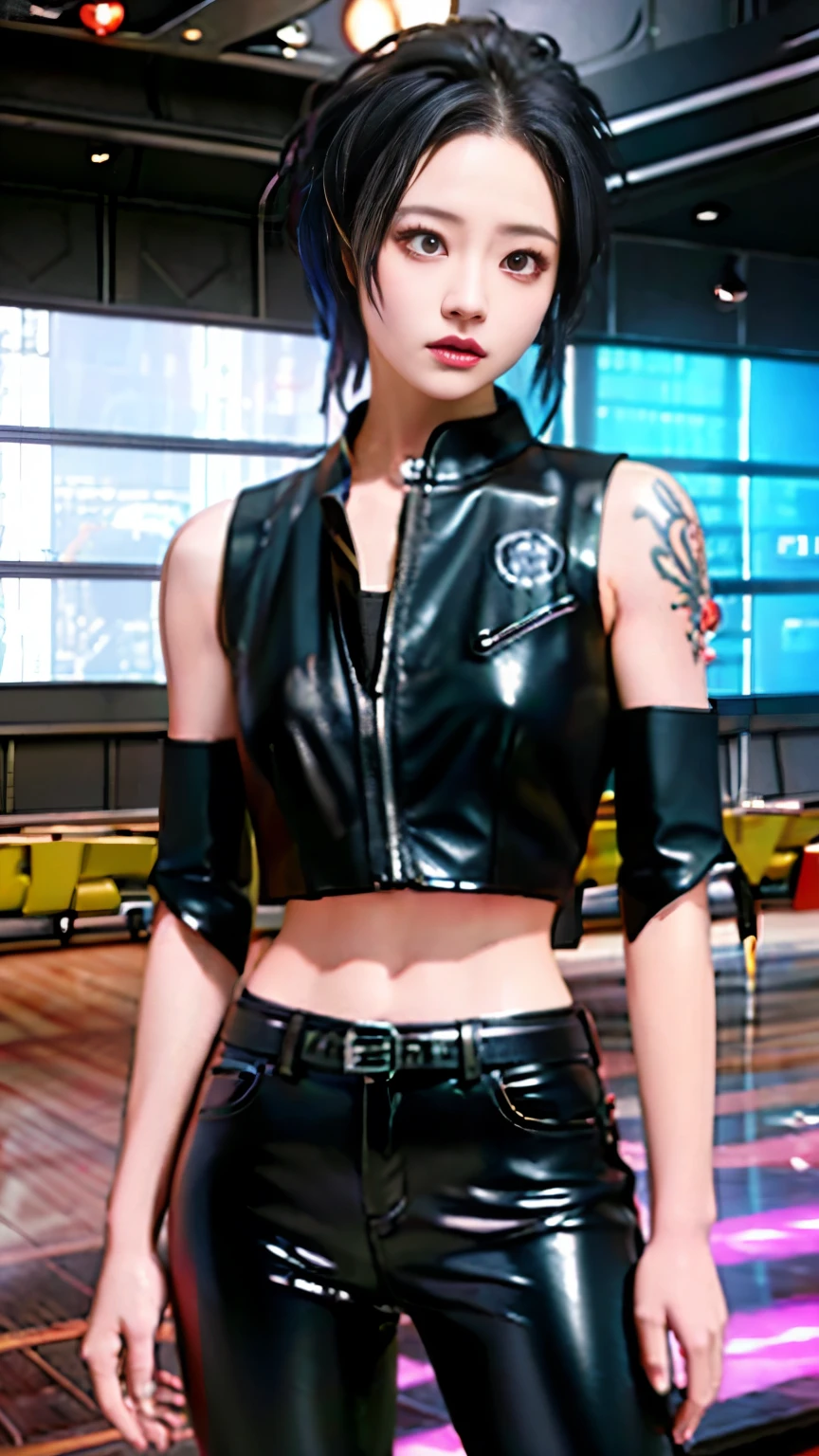 (highest quality),masterpiece,Super detailed,8K, UHD,Beautiful woman,japanese woman,No expression,whole body,((tattoo)),slim,black leather pants,black leather vest,(female mafia),gangster,(cyberpunk city),night,cinematic lightening,underworld
