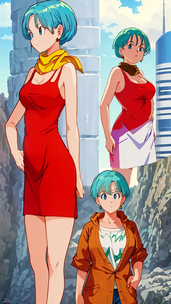 masterpiece, best quality, highest quality, (perfect lighting), (photorealistic), perfect anatomy, perfect face, perfect eyes, 
 bulmadbzreddress, aquamarine hair, short hair, blue eyes, earrings, red dress, yellow scarf, blue sky, clouds, on a cliff looking at a city, (BishoujoMom: 1.5), very tight red dress, legs that open, ((huge breasts, cleavage))), ((thick thighs, hourglass figure)), (topless), 1.5) ((thick red liplue eyes)), ((aquamarine hair)) photorealistic, photo, masterpiece, realistic, realism,  photorealism, photorealism, high contrast, photorealistic digital art trend on Artstation 8k HD HD realistic detailed, detailed, skin texture, hyper detailed, realistic skin texture, best quality, ultra high resolution (photorealistic: 1.4), high resolution, detailed, raw photo, sharp re, by Lee Jeffries nikon d850 film stock photography 4 Kodak Portra 400 camera F1.6 lens rich colors realistic texture hyper-realistic dramatic lighting unrealEngine trend in ArtStation CineStill 800,bulma and master roshi 