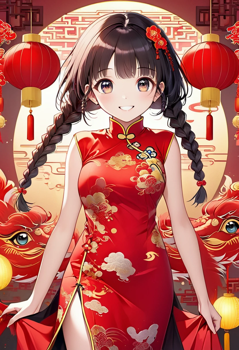 Eyes are very fragile，Double braids with cheongsam，Chinese New Year Decorations（（Smiling artwork）））， （（best quality））， （（Intricate details））， （（Surreal））（8K）