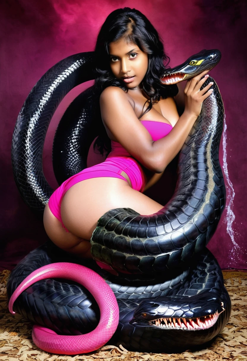 Pink thong Happy Horny, aroused 1girl), beautiful kneeling Indian young girl with giant colossal black anaconda monster squeezing her hard, wrapped in thick spiraling coils, constricted, struggle, gasping for air, snake attack, snake peril, moonless night, dim light