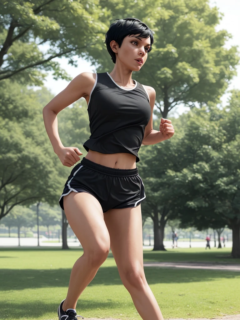 Black short hair woman running in sportswear in a park. 