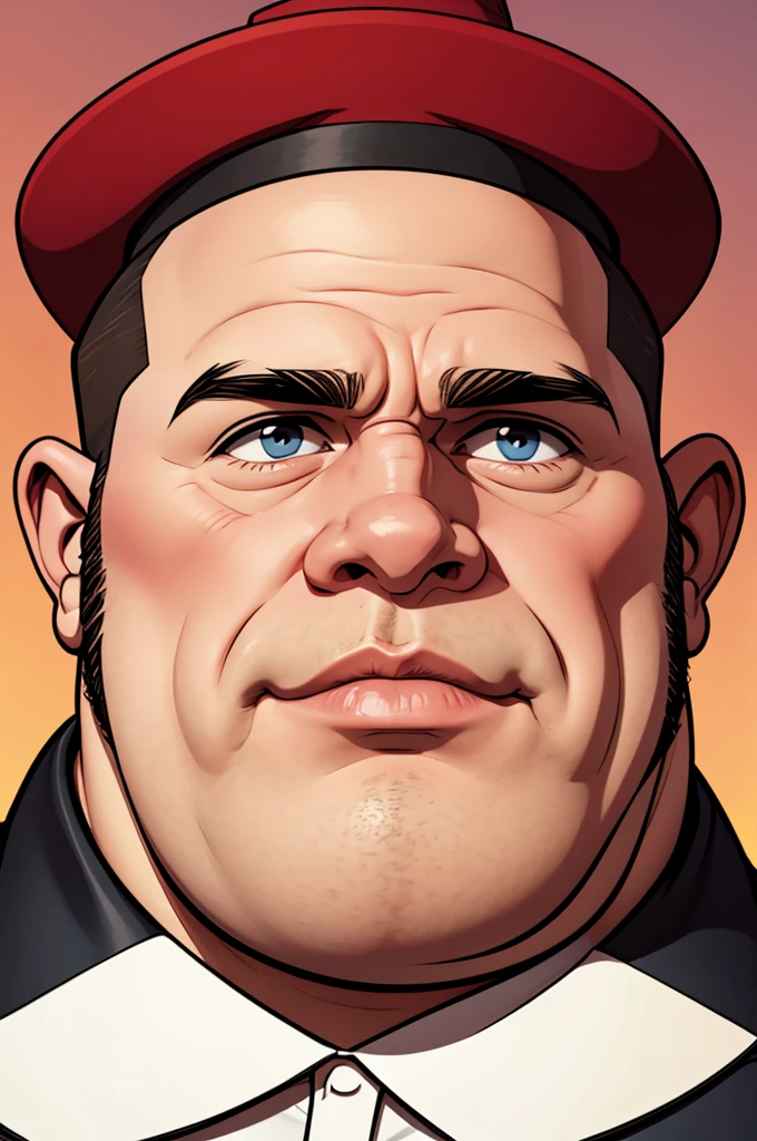 A caricature of a fat man with a wide nose and a big head in a hat