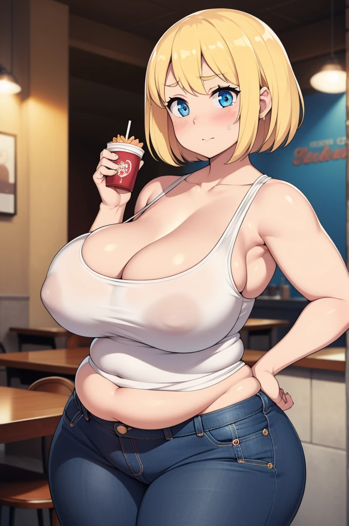 ((Masterpiece)), perfect anatomy, perfect shading, field of depth, (best quality), extremely delicate and beautiful, perfect lighting, detailed face, ultra cute face, cute, (1girl), (solo),

short fluffy blonde hair, blue eyes, ((blush)), nervous, looking at viewer, tank top, jeans, cleavage, large breasts, ((thick thighs)), (wide hips), fat ass, plump, 

intricate background, detailed background, fast food restaurant, standing, 
