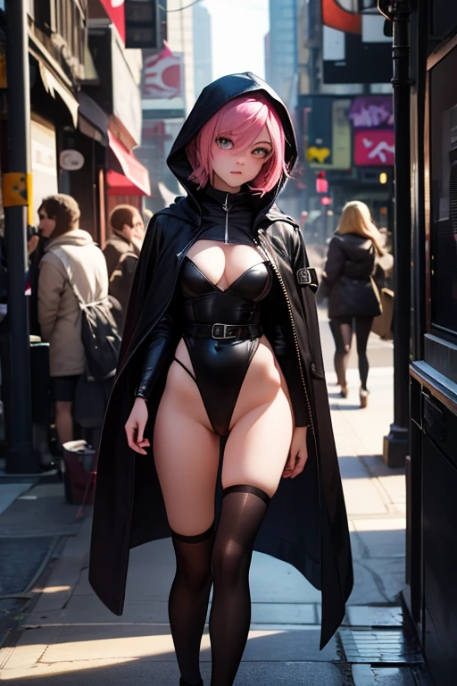 work of art, best qualityer, high resolution, absurderes, 1 Kizi, crowd, short pink hair, from low, revealing clothing, plein-air, lighting sun, Street, gazing at viewer, blush,Raven, Kizi, standing alone, shorth hair, purples eyes, skin fair, athletic, RVN, 1 Kizi, standing alone, walking in New York, dreaming, eyes locked, orgasming, low-cut black leotard, Legs exposed , waist belt, hooded cloak, Hotraven, sensuous, glamorous,