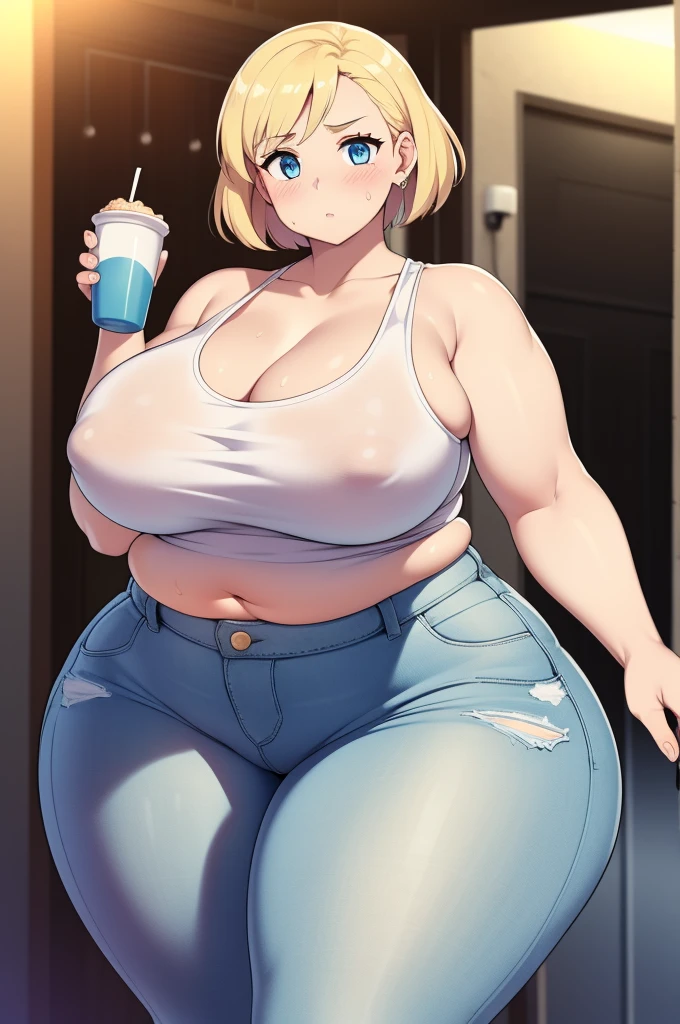 ((Masterpiece)), perfect anatomy, perfect shading, field of depth, (best quality), extremely delicate and beautiful, perfect lighting, detailed face, ultra cute face, cute, (1girl), (solo),

short fluffy blonde hair, blue eyes, ((blush)), nervous, looking at viewer, tank top, jeans, cleavage, large breasts, ((thick thighs)), (wide hips), fat ass, plump, 

intricate background, detailed background, fast food restaurant, standing, 
