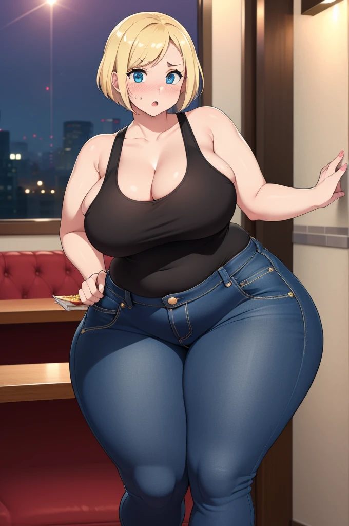 ((Masterpiece)), perfect anatomy, perfect shading, field of depth, (best quality), extremely delicate and beautiful, perfect lighting, detailed face, ultra cute face, cute, (1girl), (solo),
short fluffy blonde hair, blue eyes, ((blush)), nervous, looking at viewer, tank top, jeans, cleavage, large breasts, ((thick thighs)), (wide hips), fat ass, plump,
intricate background, detailed background, fast food restaurant, standing,