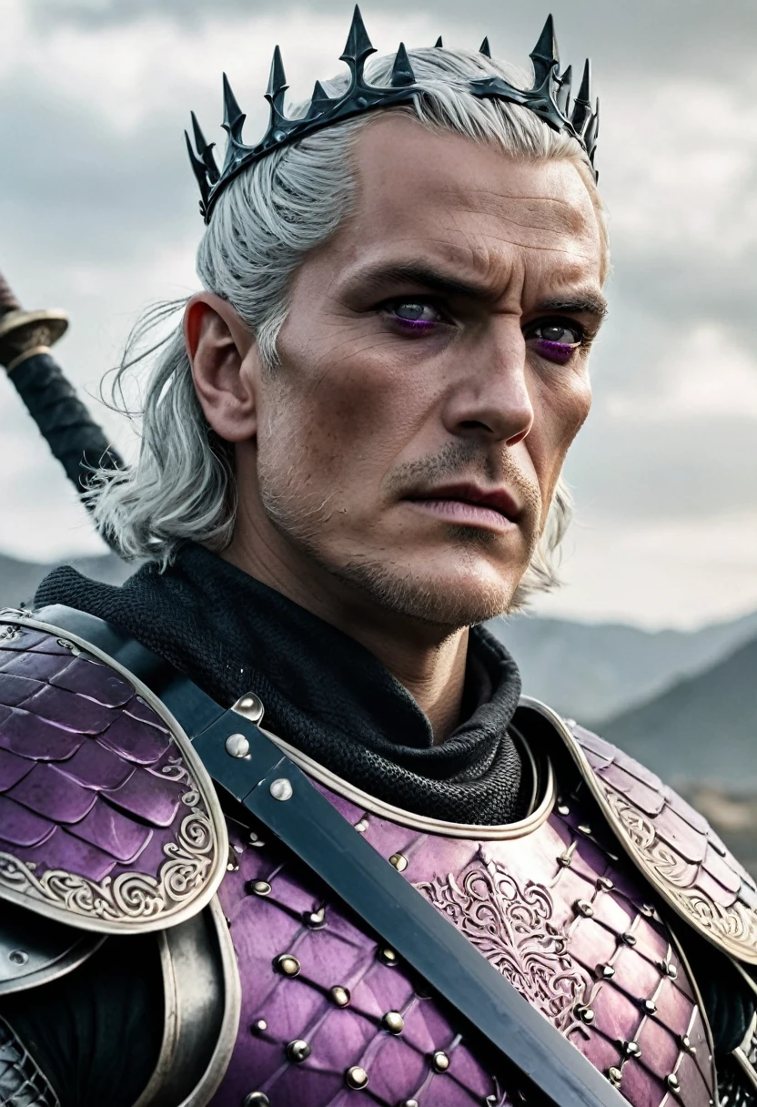 (masterpiece, 8K, UHD, high resolution: 1.4), imposing portrait of Aegon Targaryen, (tall, broad shouldered, powerful appearance: 1.3), (piercing purple eyes, short silver and gold hair: 1, 3), (wearing black scale armor into battle: 1.2), (wielding a black steel sword: 1.3), (wearing on his head a black steel crown with large square-cut rubies: 1.2 ), (battlefield landscape in the background: 1.1), (authoritative and charismatic atmosphere: 1.3), realistic and intricate details, (fantasy and history elements: 1.2), (heroic and enigmatic perspective : 1.3)