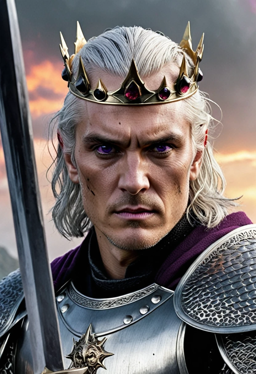 (masterpiece, 8K, UHD, high resolution: 1.4), imposing portrait of Aegon Targaryen, (tall, broad shouldered, powerful appearance: 1.3), (piercing purple eyes, short silver and gold hair: 1, 3), (wearing black scale armor into battle: 1.2), (wielding a black steel sword: 1.3), (wearing on his head a black steel crown with large square-cut rubies: 1.2 ), (battlefield landscape in the background: 1.1), (authoritative and charismatic atmosphere: 1.3), realistic and intricate details, (fantasy and history elements: 1.2), (heroic and enigmatic perspective : 1.3)