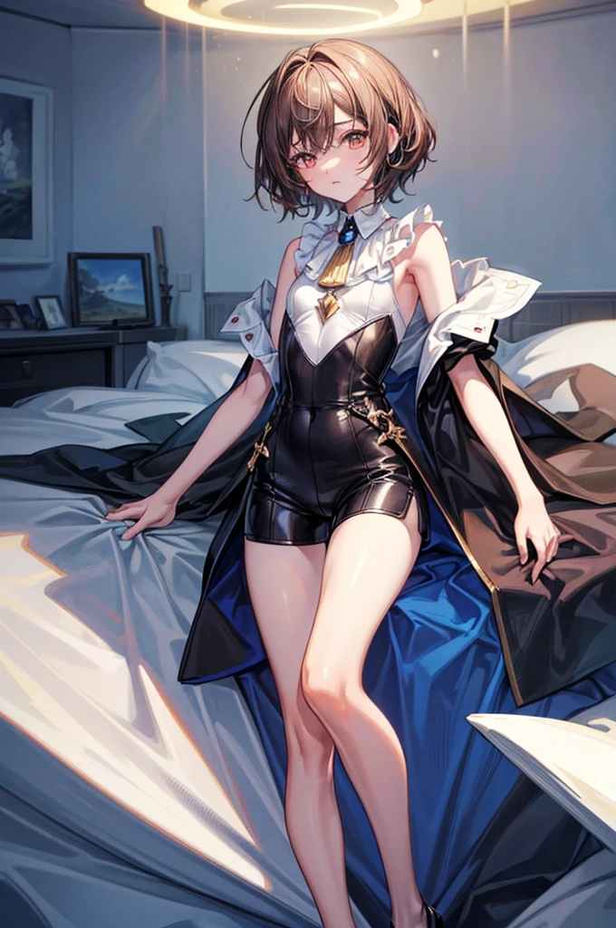 ((highest quality)),(ultra high resolution),(Super detailed),(detailed description),((best CG)),(best work of art),super precision art, great drawing art,(Art with precise details:1.5), (1 man: 1.5) cute looking young man, femboy, silky smooth back length brown hair, soft and cute facial features, slender dainty body, slim waist, small curves, small perky butt, silky smooth legs, very short height of 5ft 5,plain tee shirt and shorts, an overall cute femboy, simple European bedroom background