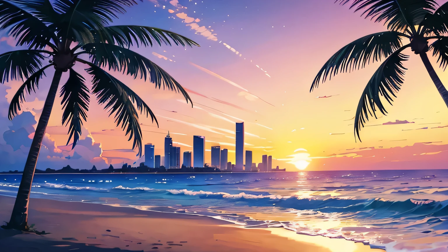 beach landscape sunset and yellow sun, purple colors, palms, stars and big buildings, violet clouds, miami vibes retro, nostalgic