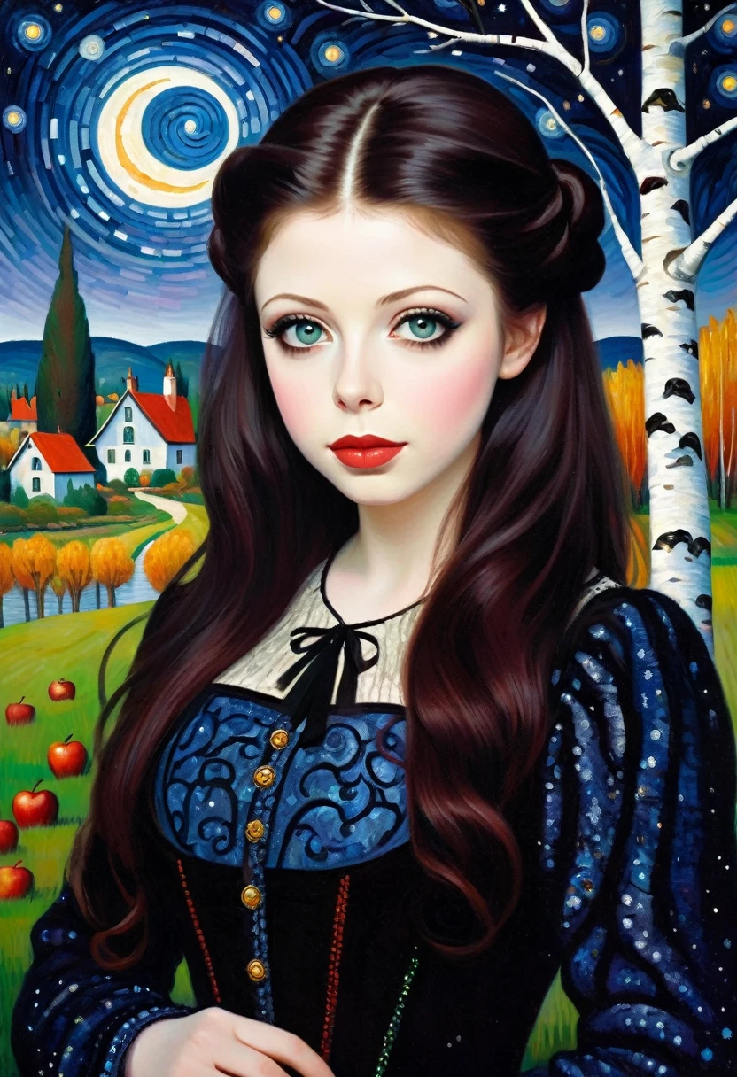 (Cute young attractive Michelle Trachtenberg, Strong Gothic Makeup) a village by the lake and a white birch forest and an apple orchard, a starry night, ((Paul-Signac style!!!)), Gloomy foggy atmosphere, surrealism, The absurdity of cuteness, attractiveness and rejection of extraordinary appearance, magic naive art, primitivism, protogen, , ((best quality, Masterpiece)), ((Highest detail)), RAW:1,1, 8k
