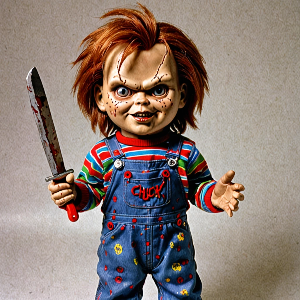 Chucky from the movie Child's Play holds a knife up high