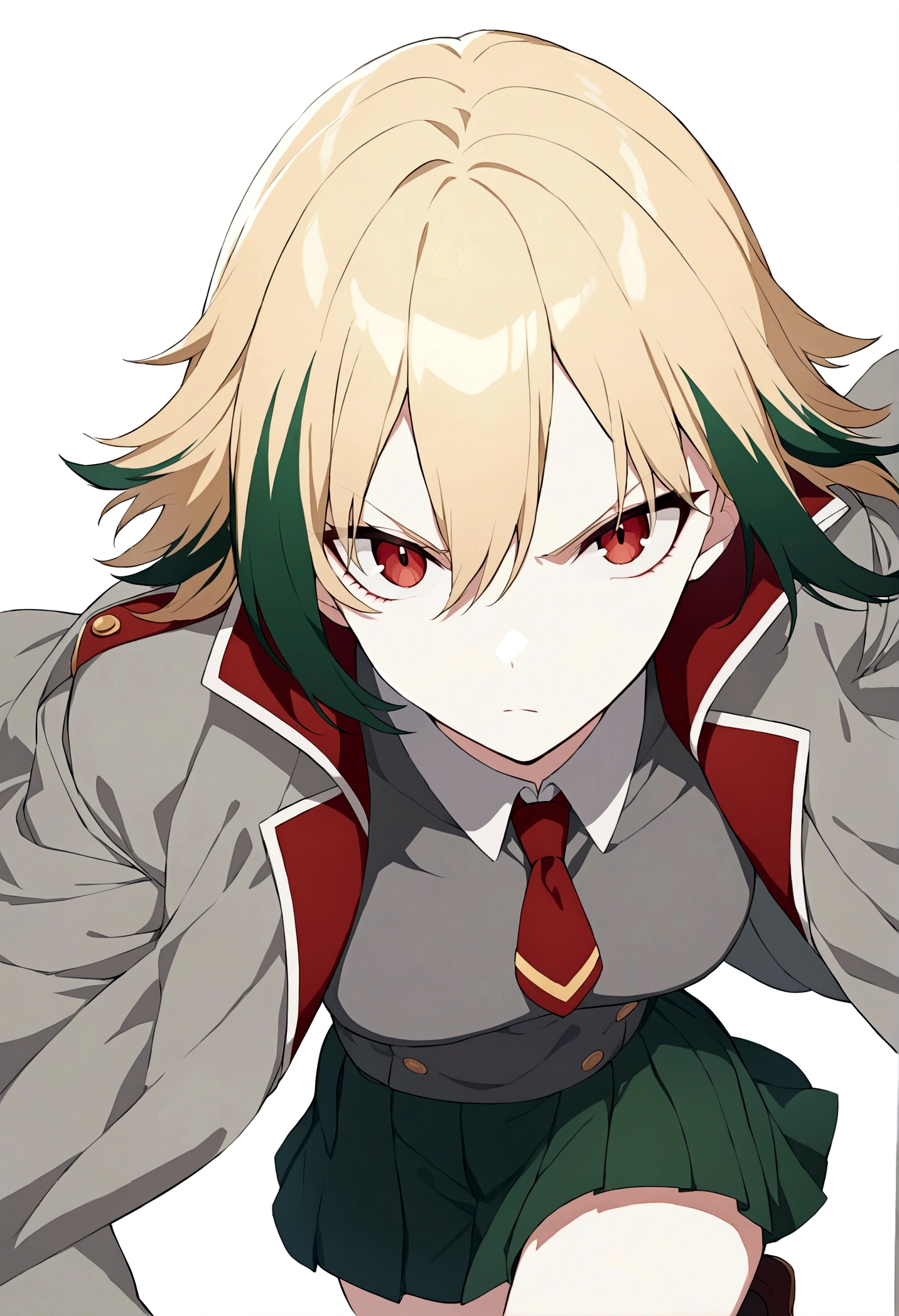 My Hero Academia Capture. Girl with blonde hair and dark green tips, crimson eyes, gray uniform with dark green on the shoulders and dark green skirt