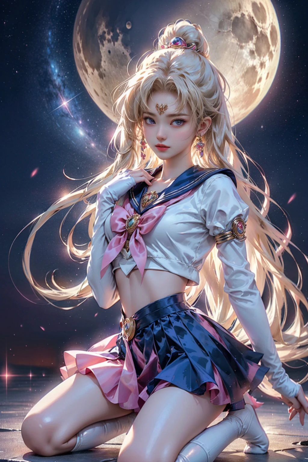 ((masterpiece, highest quality, Highest image quality, High resolution, photorealistic, Raw photo, 8K)), ((Extremely detailed CG unified 8k wallpaper)), (huge stunning goddess shot, very hot and sexy, jaw-dropping beauty, perfect proportions, beautiful body, slim body beauty:1.4), Woman taking pictures in sailor suit, sailor moon, sailor moon style, sailor moon. Beautiful, Inspired Sailor Moon, Sailor Moon, official art, Sailor Moon aesthetic, official anime artwork, magical girl anime magical girl, anime princess, magical girl style, high quality artwork, magical girl kneeling before giant crescent moon, one hand on waist.