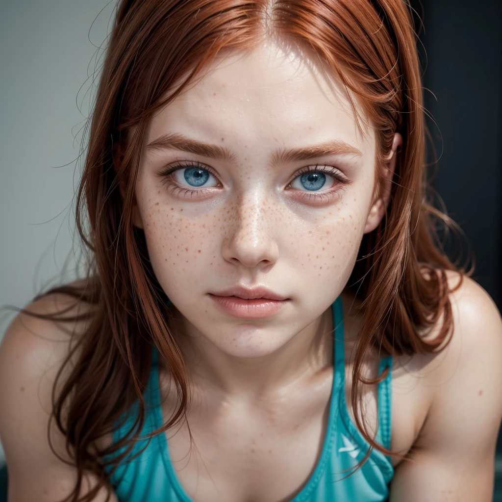 young woman, fitness, redhead, with freckles, influencer, blue eyes