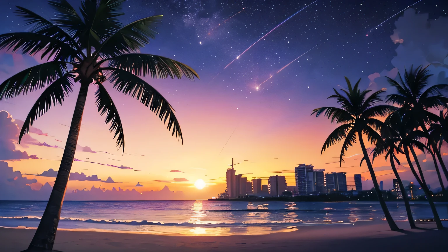 beach landscape sunset and yellow sun, purple colors, palms, stars and big buildings, violet clouds, miami vibes retro, nostalgic