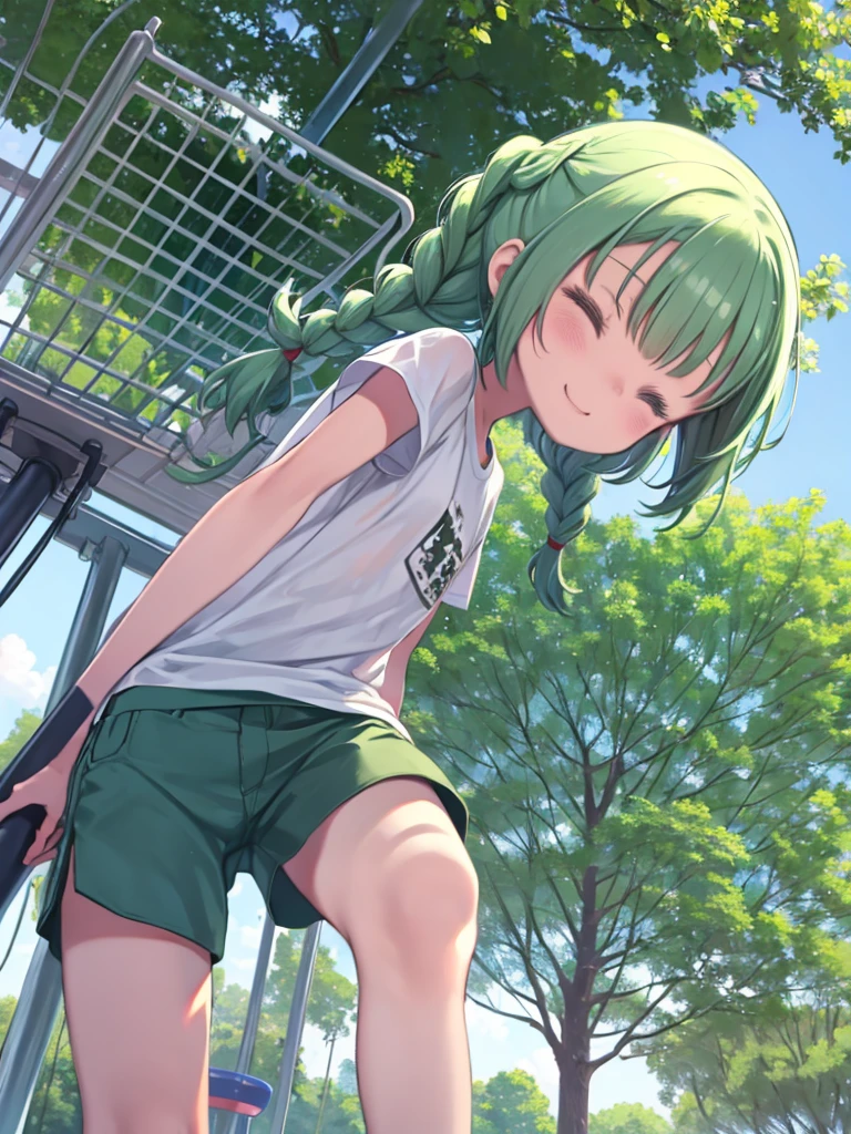 depth of field,from behind,from below,1girl,loli,10yo,flowing hair,flowing clothes,small breasts,sneaker,twintails,beautiful white gym shirt,buruma,squatting,open legs,smile,half-closed eyesnarrowed eyes,looking at viewer,outdoors,grass,wet,dripping,sweat,sunny,blue sky,open mouth
