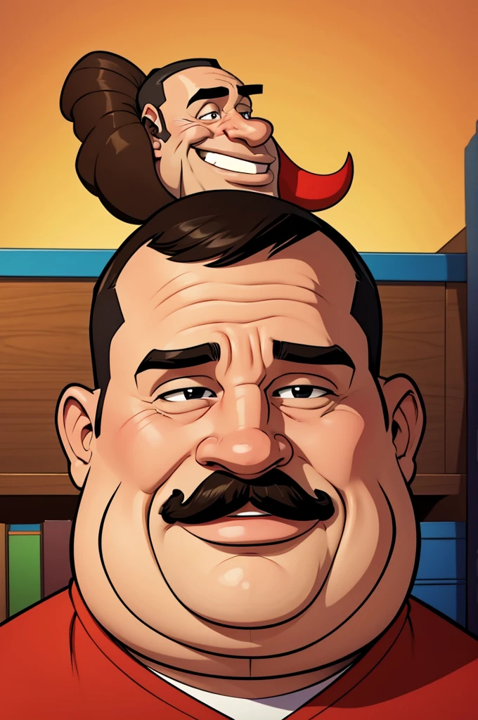 A cartoon caricature of a fat man with a wide nose and a big head, 60 years old
