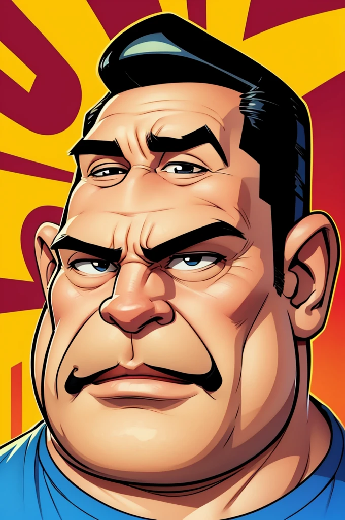 A cartoon caricature of a fat man with a wide nose and a big head, 60 years old