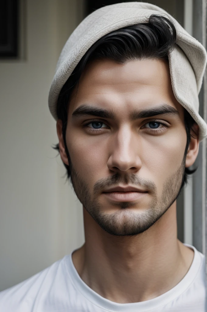 white skinned man, with black hair, and gray eyes