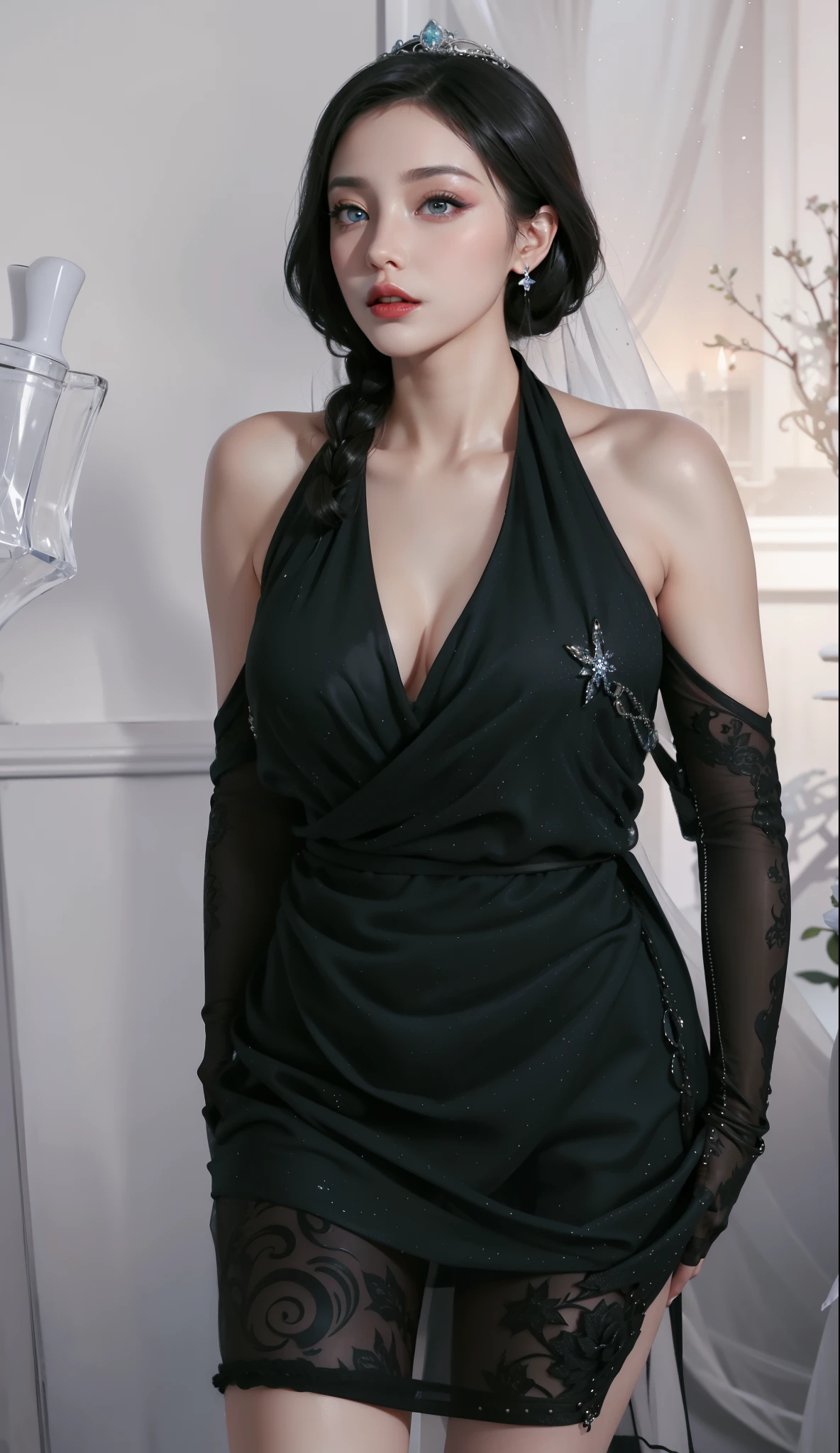 Royal sisters，Exquisite eyes，Frozen queen，Put the crown on your head，Detailed facial expressions body，tall and big，Glamorous characters，Leg length，4K，HD，The look，White translucent lace，白皙Full figure，Little cherry mouth，Beautiful and lovely，Full figure，Glossy Gel Coat，Vampire Queen in luxurious gown，Have a tattoo(Intricate tattoo designs)，The tattoo is very three-dimensional，Ice Princess，Rich facial details，Eyes are blue(Pupils as deep as the starry sky)，Gorgeous silk(Silky reflective)，Wear dark red lipstick，Full-fledged aunt