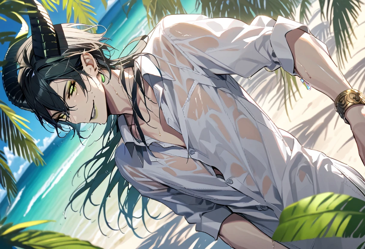 ((masterpiece:1.4, best quality)), (Ultra detailed background), 1boy, handsome man, highly detailed beautiful face and eyes, white hair, beautiful eyes, (sharp detail:1.3), shiny, earrings, bracelet, (wet clothes:1.3), Shirts, Bari, Cebu Island, plumeria, near the beach, stretch,lie on one's back, dynamic angle, malleus draconia (twisted wonderland) horns, bishounen, boy, male, yana Toboso style, long hair, black hair, yellow green eyes, smile, gray lips, handsome, skinny, tall, yellow green glow,