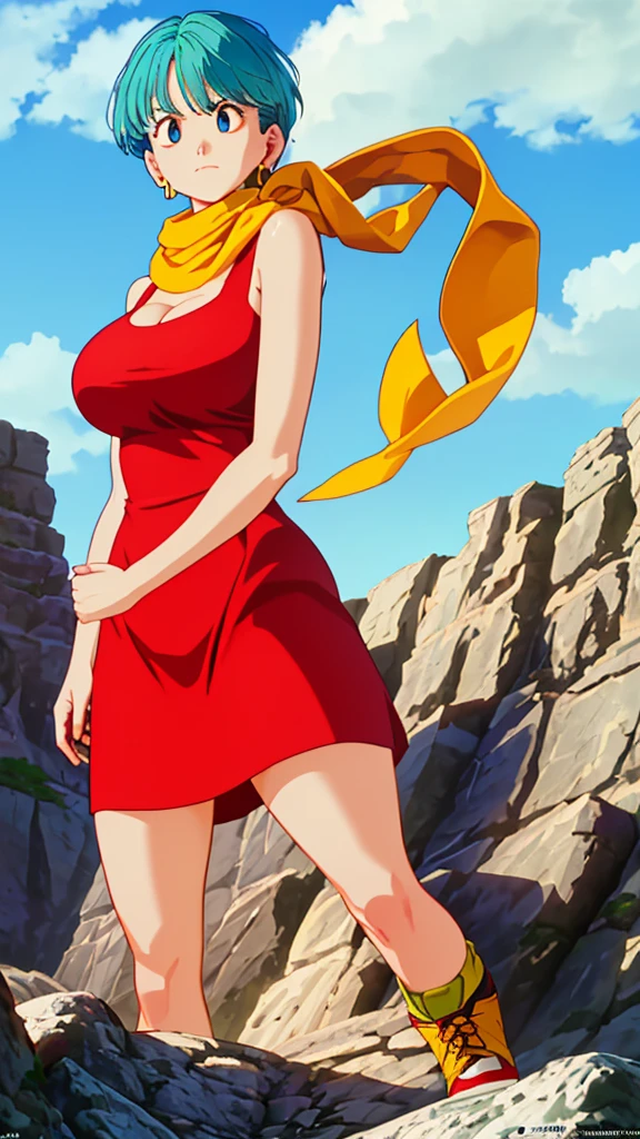 masterpiece, best quality, highest quality, (perfect lighting), (photorealistic), perfect anatomy, perfect face, perfect eyes, 
 bulmadbzreddress, aquamarine hair, short hair, blue eyes, earrings, red dress, yellow scarf, blue sky, clouds, on a cliff looking at a city, (BishoujoMom: 1.5), very tight red dress, legs that open, ((huge breasts, cleavage))), ((thick thighs, hourglass figure)), (topless), 1.5) ((thick red liplue eyes)), ((aquamarine hair)) photorealistic, photo, masterpiece, realistic, realism,  photorealism, photorealism, high contrast, photorealistic digital art trend on Artstation 8k HD HD realistic detailed, detailed, skin texture, hyper detailed, realistic skin texture, best quality, ultra high resolution (photorealistic: 1.4), high resolution, detailed, raw photo, sharp re, by Lee Jeffries nikon d850 film stock photography 4 Kodak Portra 400 camera F1.6 lens rich colors realistic texture hyper-realistic dramatic lighting unrealEngine trend in ArtStation CineStill 800,bulma and master roshi 