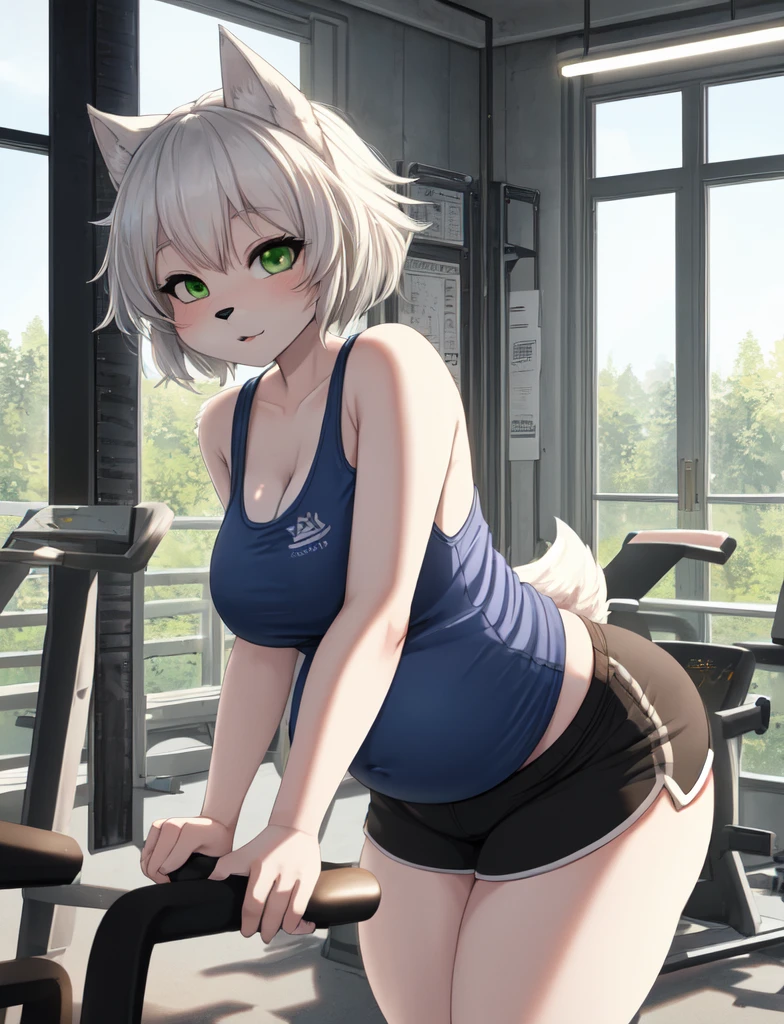 furry, curvy wolf woman, chubby, cute, white wolf, wearing a tank top and shorts, green eyes, short white hair, in gym, hand drawn, 2D, comic realism, warm lighting, one person, pluse sized