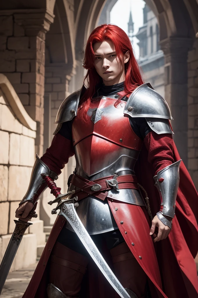 A knight in red armor with his face showing red hair and no beard, 22 years old, bonitas, Panas, bonitas, very bonitas even holding a large steel sword, he is stepping on a severed head of a knight with blood on the nose of that head