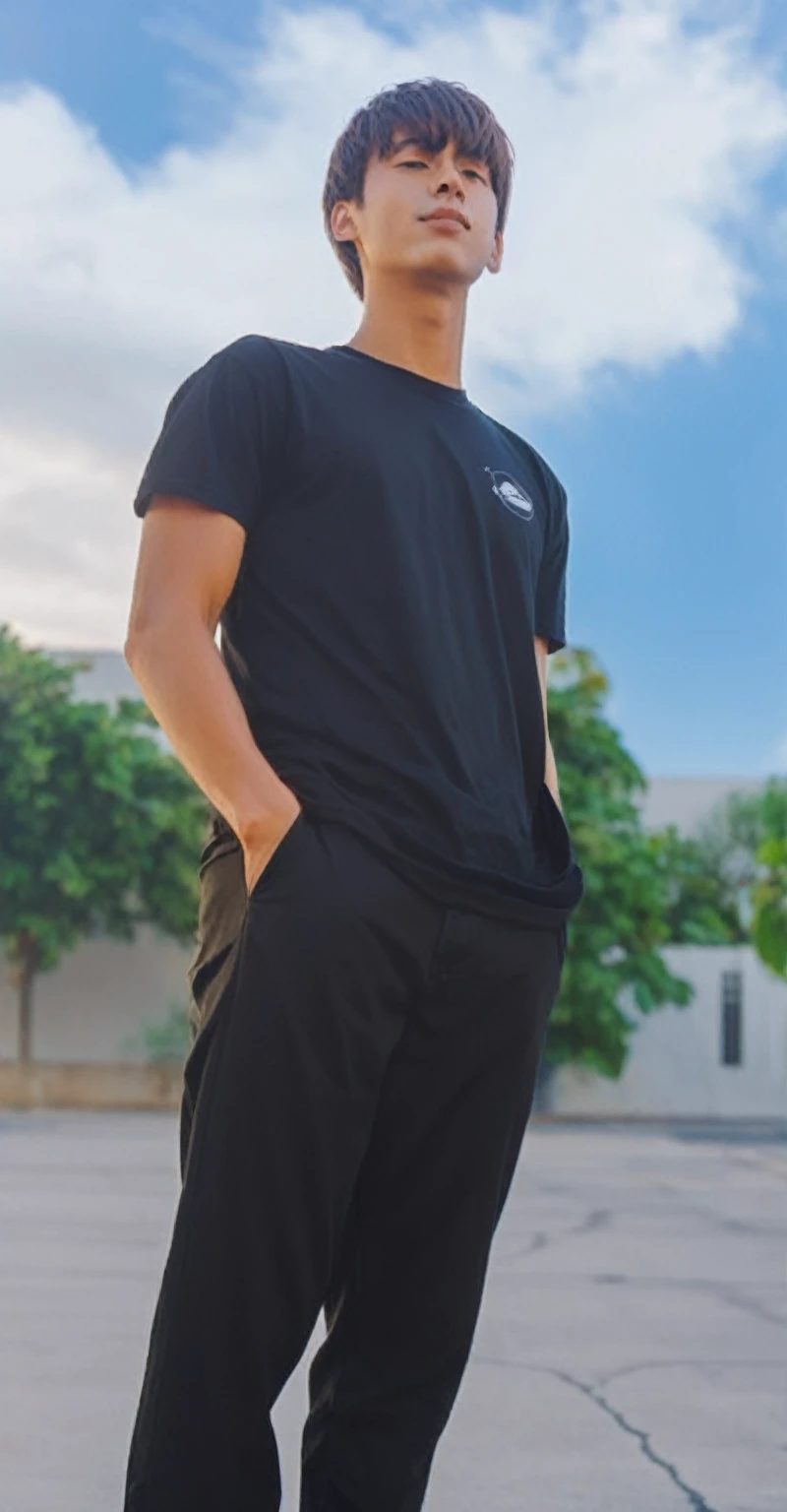 arafed man standing on a skateboard in a parking lot, wearing pants and a t-shirt, he is wearing a black t-shirt, wearing black tshirt, wearing a black tshirt, wearing a black t-shirt, full body picture, profile pic, with a cool pose, wearing a t-shirt, distant full body view, smooth in _ the background