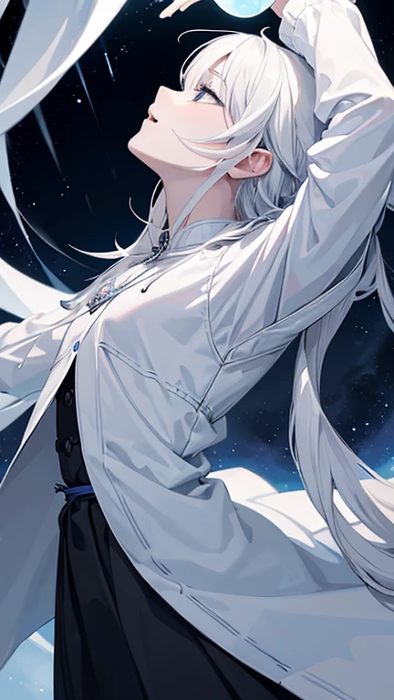 1The White Magician,Look up to the sky,Laugh wickedly,Pleasure,lament,Elevation,In the dark storm,Bad face,Low - Angle,Disaster at your fingertips々A dark sphere,The front of your body faces the viewer,Stretch your arms out to the sky