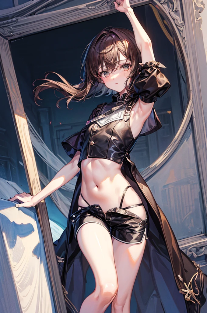 Black leotard, Fishnet tights, Elbow hand pockets, Arm guard, armored skirt, Thigh-high boots, ((Anatomically correct hand:1.5)), ((anime)), Ultra-precision, masterpiece, really beautiful, プリンセスのface, ((alone:1.5)),  break, ((black eye)), Shortcuts, ((Messy hair)), break, All limbs,((Full Finger:1.5)), break, (Skin Dentition), ((Skin dents)), Professional Lighting, (17 years old), Tight waist, Shiny skin (Brown Skin), ((Oily skin)), Glowing Skin, Looking at the audience, ((Cowboy Shot:1.5)), Looking at the camera, 笑face, Open your mouth a little, ((cute:1.5)), Very narrow eyes, Extra-fine face, ((Thin lips:1.5)),, わずかな笑face, ((Model pose:1.5)), face, Looking at the camera, ((Anatomically correct fingers:1.5)), ((Thighs)), sexy, Perfect hands, (((Arms back:1.5))),((Metallic costumes:1.5)),,agnes tachyon ,(umamusume)