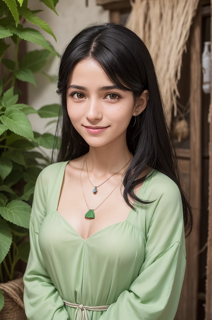 Leandra is a young woman with black hair and green eyes, with a welcoming smile and gentle hands. She wears simple light fabric clothes and has a necklace of medicinal herbs around her neck.. Leandra is known in her village for her knowledge of healing herbs and healing potions.. She is always ready to help the injured and sick, offering wise advice and natural remedies.