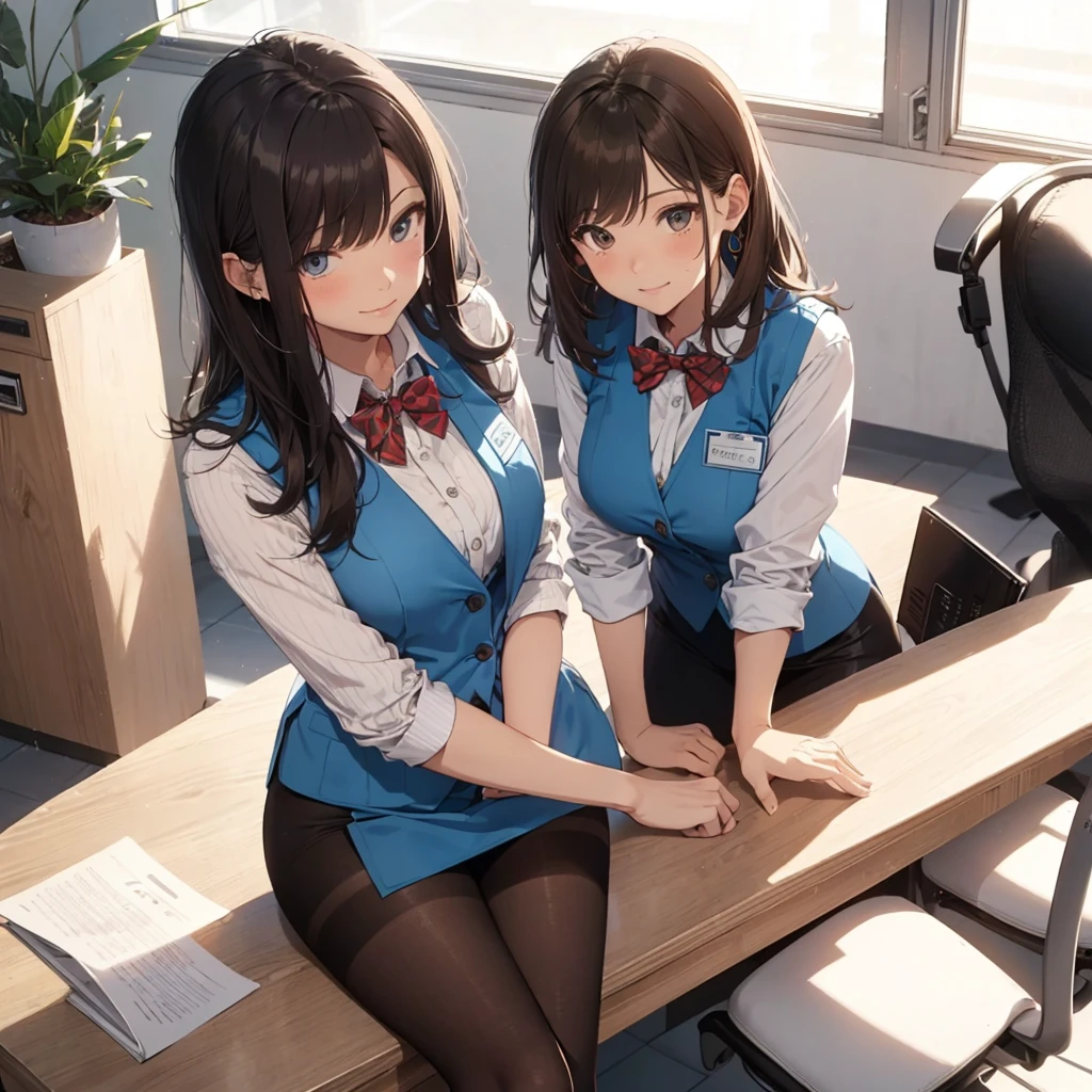 1lady solo, sitting, (from above), office worker, ((blue vest) over white dress shirt), mature female, /(dark brown hair/), kind smile, (masterpiece best quality:1.2) delicate illustration ultra-detailed, large breasts,  ((Brown pantyhose)),bowtie BREAK (modern office) indoors, (reception desk), entrance, detailed background