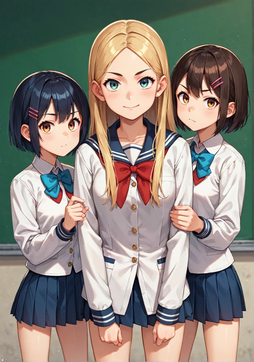 score_9, score_8_up, score_7_up, score_アニメ, Three friends, ((different genders:1.2)), (Guys:1.4), (white jackets), (дорогая school uniform), (school uniform), (British style), looking straight into the camera, front view, confident pose