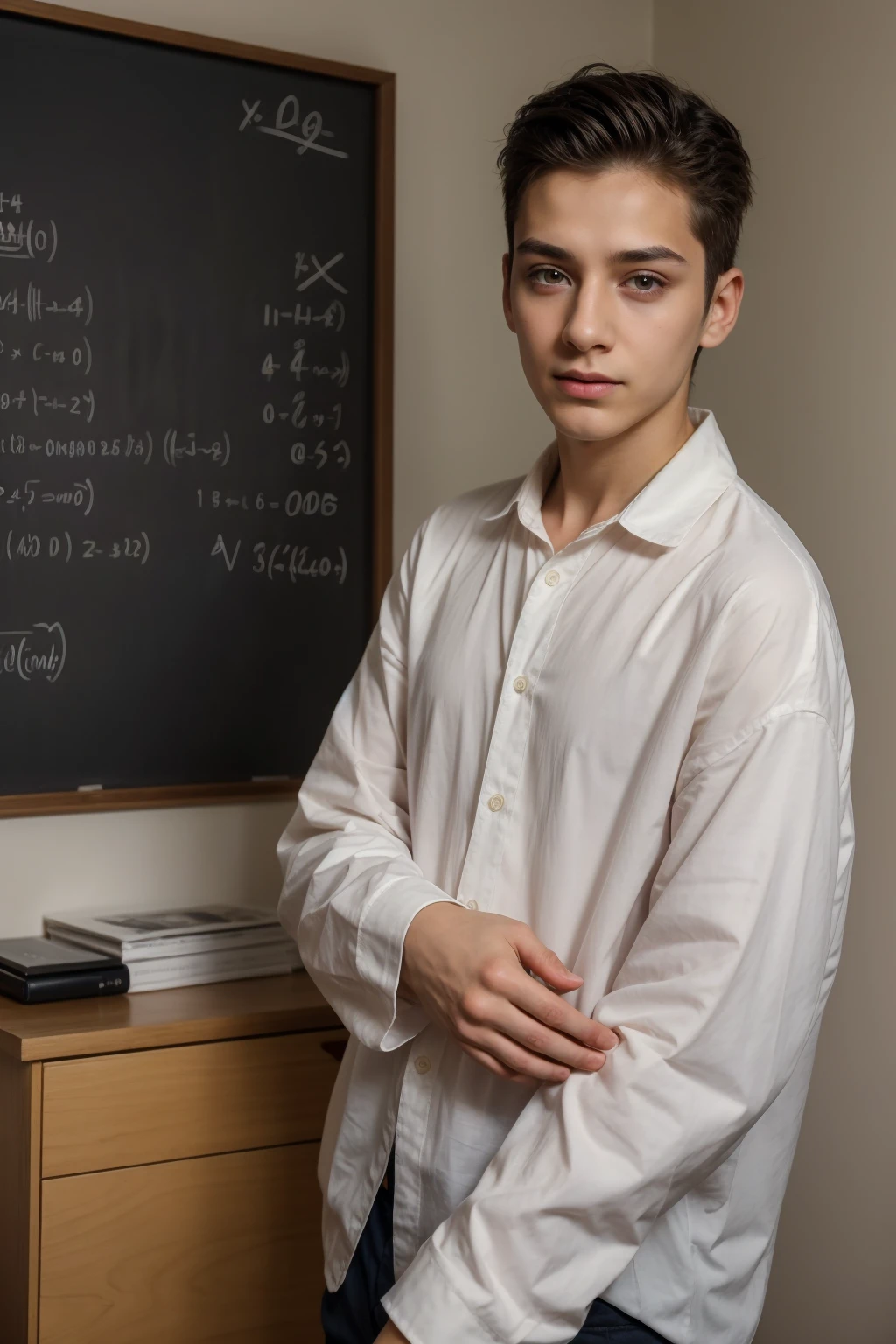 A beautiful young man, male, a cute twink, with black hair, a face with makeup, and wearing a long-sleeved, white shirt. He is in his office, and behind him is a blackboard on which are written calculus mathematical equations, from which nuclear energy comes out. He has a face with makeup, and his eyes have dark circles under them.  He studies hard and with passion