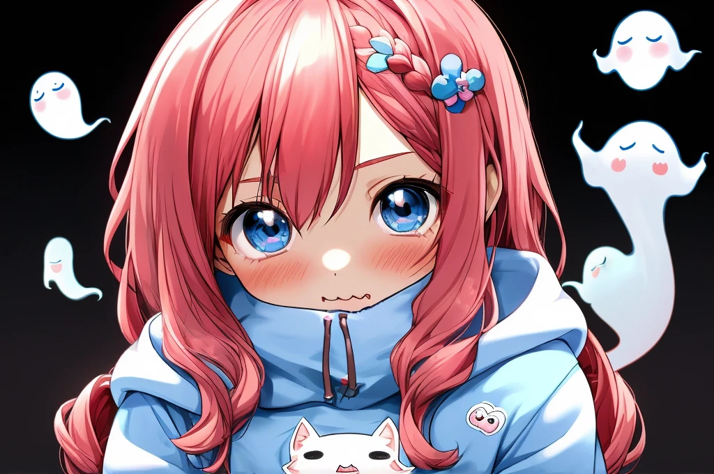 ANIME Chibi Girl, Estilo vetorial, A CUTE girl giving a cute little kiss, wearing a ghost costume, ghost hoodie, no details on the costume, red hair, blue eyes. The logo style should be in the kawaii anime style, artistic. No six fingers, No detailed drawing, No long hair. Simple hoodie. Black background