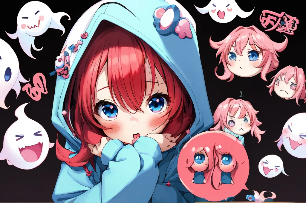 ANIME Chibi Girl, Estilo vetorial, A CUTE girl giving a cute little kiss, wearing a ghost costume, ghost hoodie, no details on the costume, red hair, blue eyes. The logo style should be in the kawaii anime style, artistic. No six fingers, No detailed drawing, No long hair. Simple hoodie. Black background
