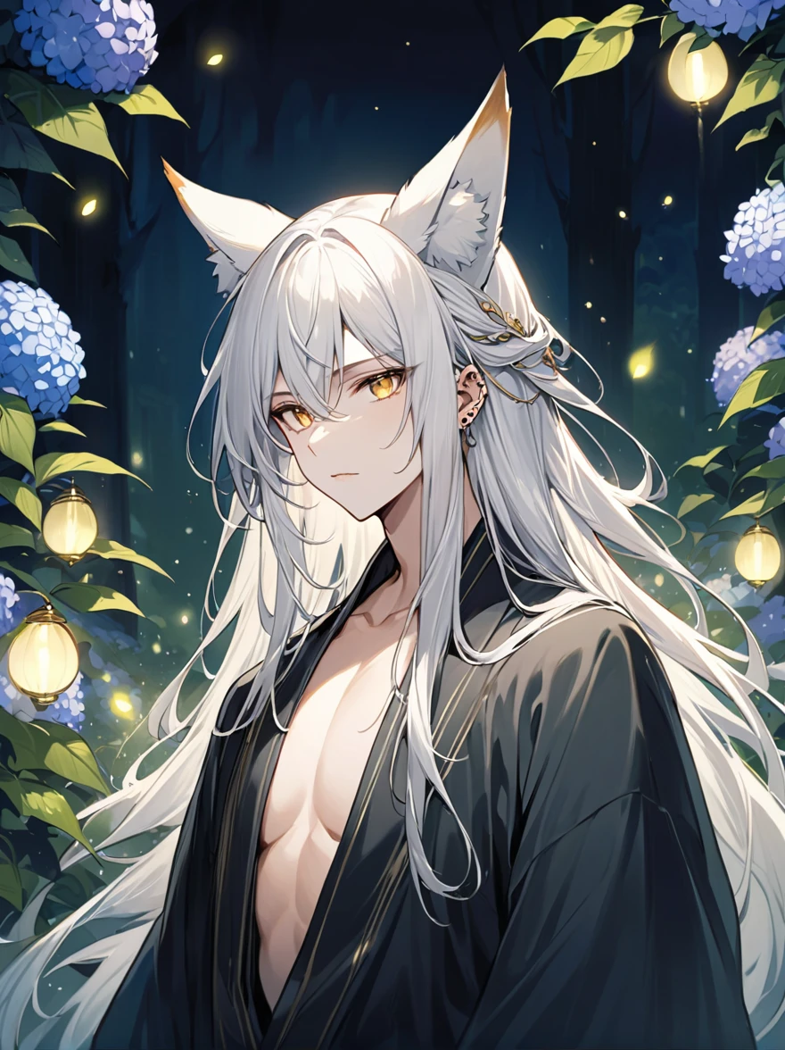 ((Best quality)), ((masterpiece)), (detailed), ((perfect face))、miyabi,a man, Long, flowing silver hair with delicate strands.
Sharp, piercing golden eyes. Fox ears on top of his head.
Serious and slightly mysterious.Pale and smooth.
Wears a robe that is slightly open at the chest, revealing part of his well-defined upper body.
The character exudes a sense of elegance and strength, with a calm and enigmatic aura. Watching fireflies in a hydrangea park