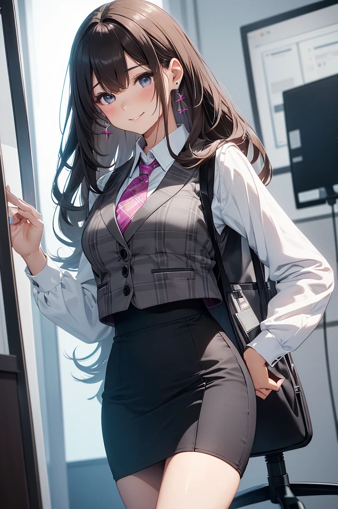 1 girl, pantyshot, long brown hair, office lady, Wearing a pink plaid vest, White short sleeved shirt, Gray pencil skirt, Wear stiletto heels, Necklace, earrings, Too big, Cute face, Smile, Blushing, Shyness, Glass wall, Ultra Detail, Realistic, Front view, Whole body,  (wearing in [[white and gray check pattern]] Vest worn over white collared long-sleeved shirt:1.4), (gray vest with buttons:1.2), (Pink Theme:1.2), (blue ribbon ribbon:1.3), (Black theme:1.4), (Tight black pencil skirt:1.5), (Brown pantyhose), (high-heels:1.1),office desk, office chair,Lulubre Unity 8K Wallpaper, Beautiful background, clearly, Best Quality, The highest resolution, Best aesthetic,extremely detailed CG unity 8k,