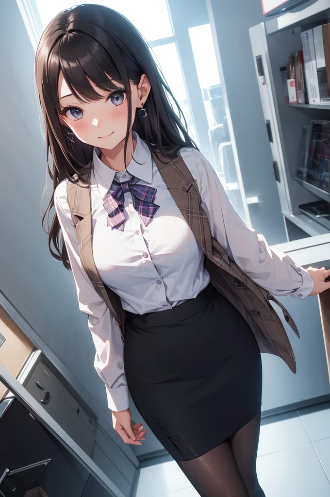 1 girl, pantyshot, long brown hair, office lady, Wearing a pink plaid vest, White short sleeved shirt, Gray pencil skirt, Wear stiletto heels, Necklace, earrings, Too big, Cute face, Smile, Blushing, Shyness, Glass wall, Ultra Detail, Realistic, Front view, Whole body,  (wearing in [[white and gray check pattern]] Vest worn over white collared long-sleeved shirt:1.4), (gray vest with buttons:1.2), (Pink Theme:1.2), (blue ribbon ribbon:1.3), (Black theme:1.4), (Tight black pencil skirt:1.5), (Brown pantyhose), (high-heels:1.1),office desk, office chair,Lulubre Unity 8K Wallpaper, Beautiful background, clearly, Best Quality, The highest resolution, Best aesthetic,extremely detailed CG unity 8k,