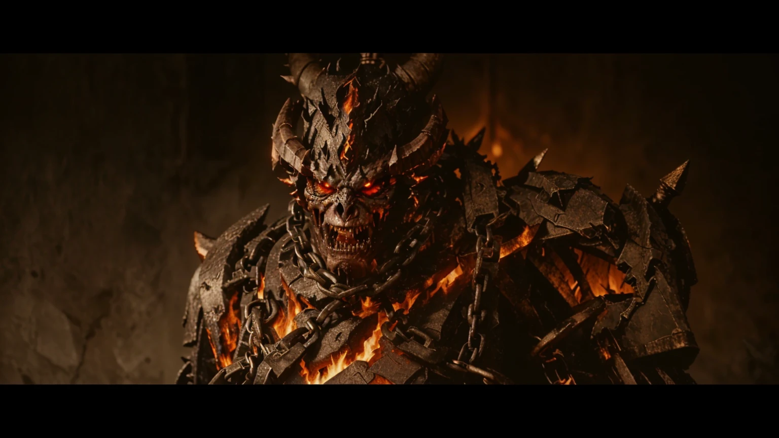 a close-up of a demonic-looking creature with a chain around its neck, bliWithWithard cinematográfico, deathwing, of war, Cinematic Shadowbringers, Archaon, o EverChosen, youtube thumbnail, With'gok. 8K HD resolution, renderiWithação de octanagem ”, renderiWithação de octanas”, Cinematic Endwalker, teaser trailer footage, senhor das cinWithas, epic masterpiece torment