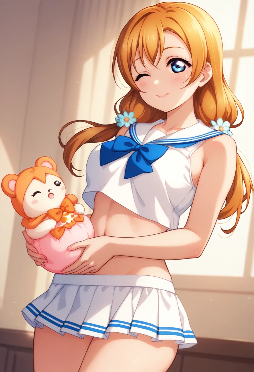 Honoka kousaka love live, cowboy shot, blue eyes, orange hair,hair flower, solo, sailor top, sleeveless, breasts, micro skirt, perfect eyes, Perfect iris，Perfect skin，Soft front light，indoors；（pastel colour:1.2),(lipstick:0.8) ,sexy pose,wink, standing, mommy,low twintails, curvy thicc body , Long hair , carrying a **** 