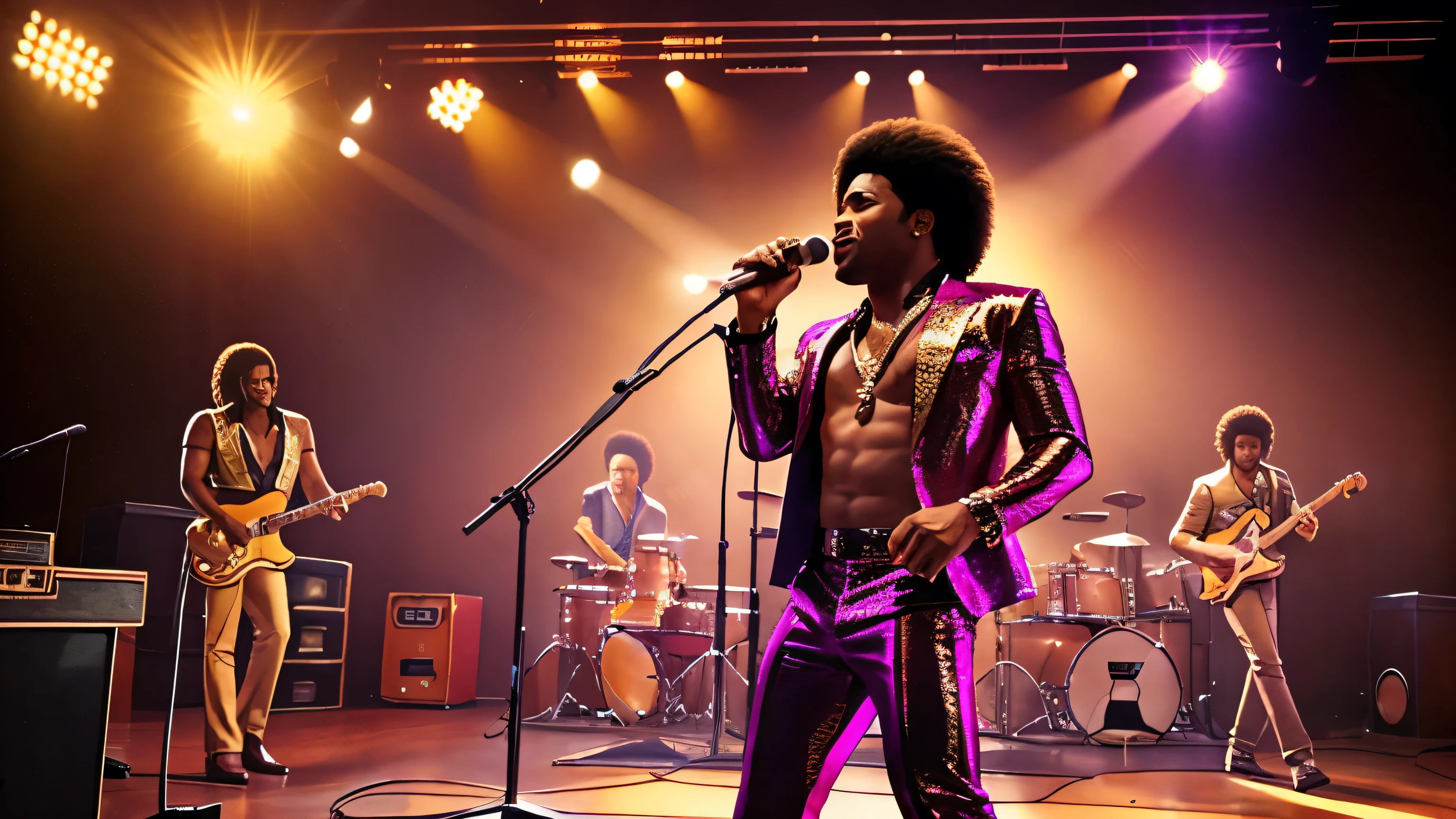 1970s male r&b superstar "Ronnie Sampson" performing on stage with his band, cinematic action, cinematic lighting, backlighting, masterpiece, anatomically correct, textured skin, super detail, 8k atmospheric perspective, depth of field,