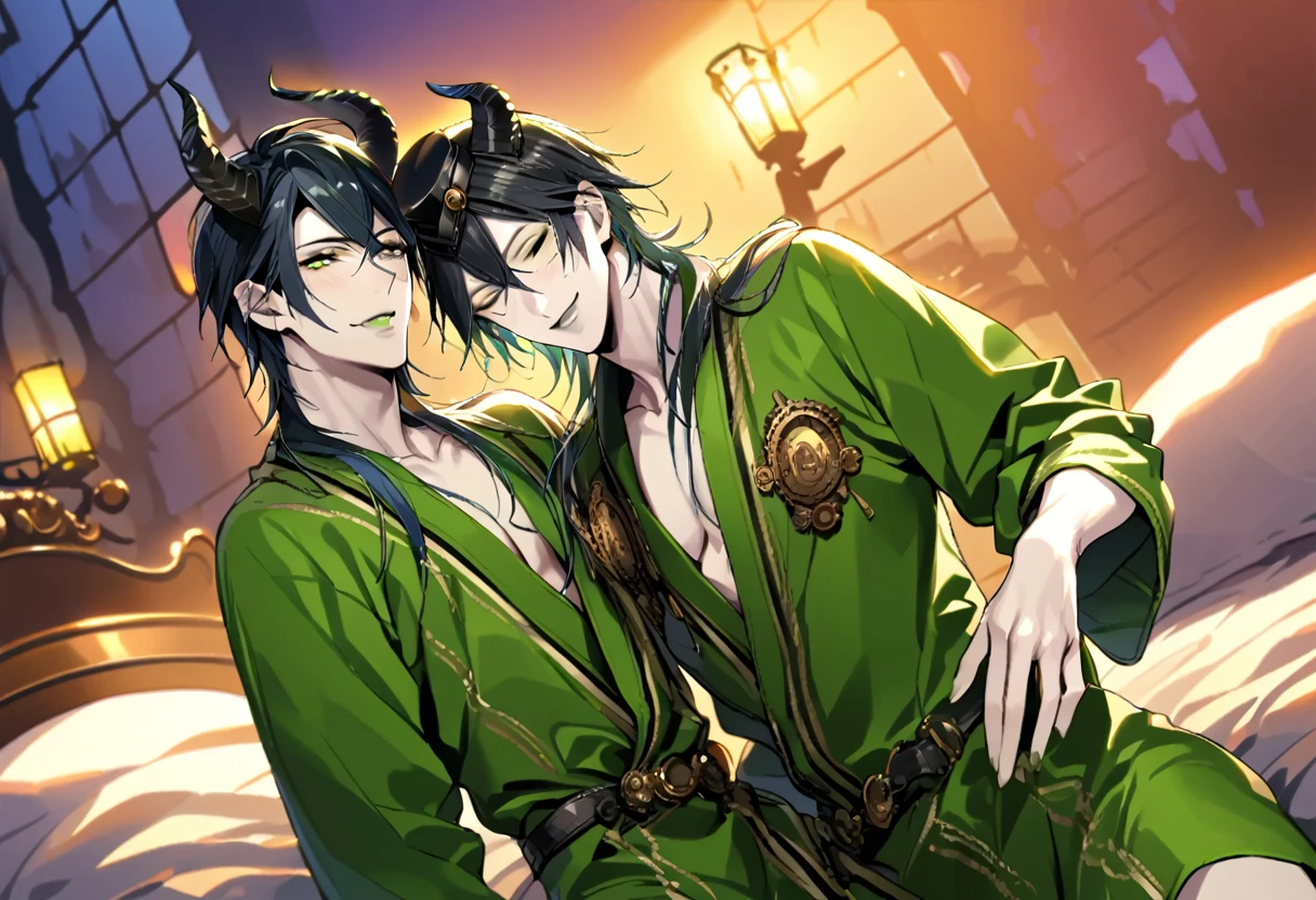1boy, 1man, duo, super fine illustration, best quality, steam punk, luxurious hotel suite, king-size bed,young adult, black hair, blue eyes, silver hair, green eyes, handsome,peaceful sleeping, rose petals, soft lighting, serene expressions, window light, intimate,full-face blush, Naked a bathrobe,shut one's eyes,NSFW malleus draconia (twisted wonderland) horns, bishounen, boy, male, yana Toboso style, long hair, black hair, yellow green eyes, smile, gray lips, handsome, skinny, tall, yellow green glow,